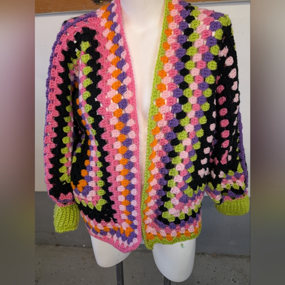 Colorful Crochet One Of Kind Cropped Sweater Open Front Size M